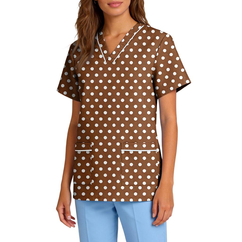 Women's Stretch Quick-Dry V-Neck Short Sleeve Workwear Top with Polka Dot Print & Pockets