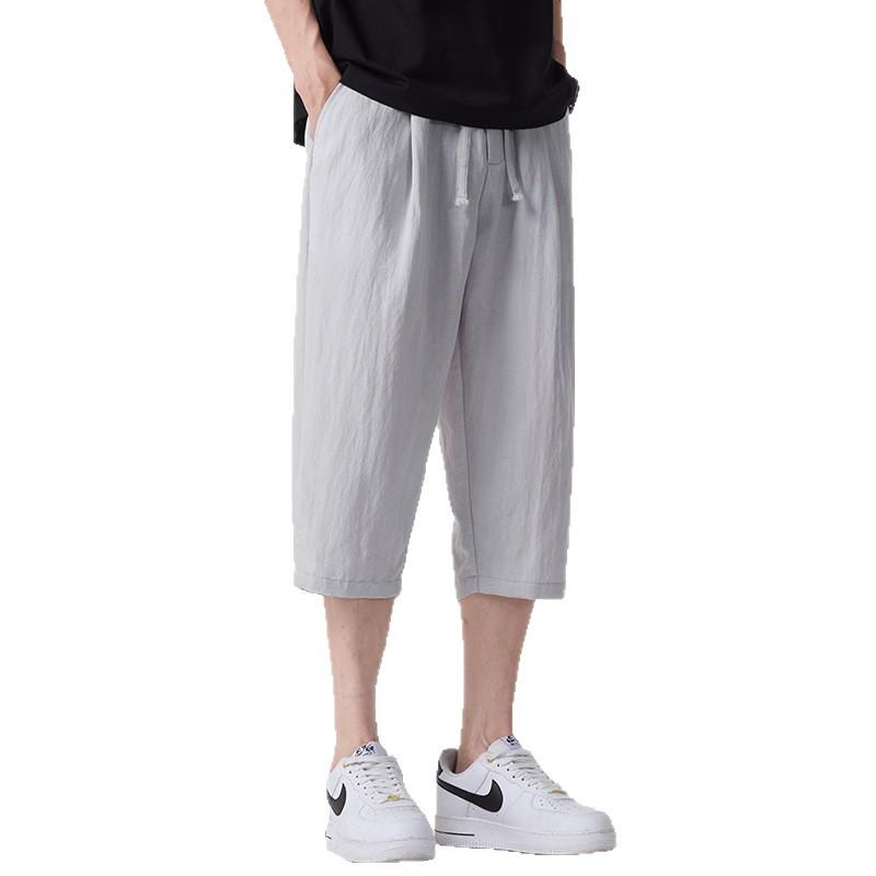 Summer new cool and breathable cropped pants thin men's solid color simple and versatile loose straight casual shorts
