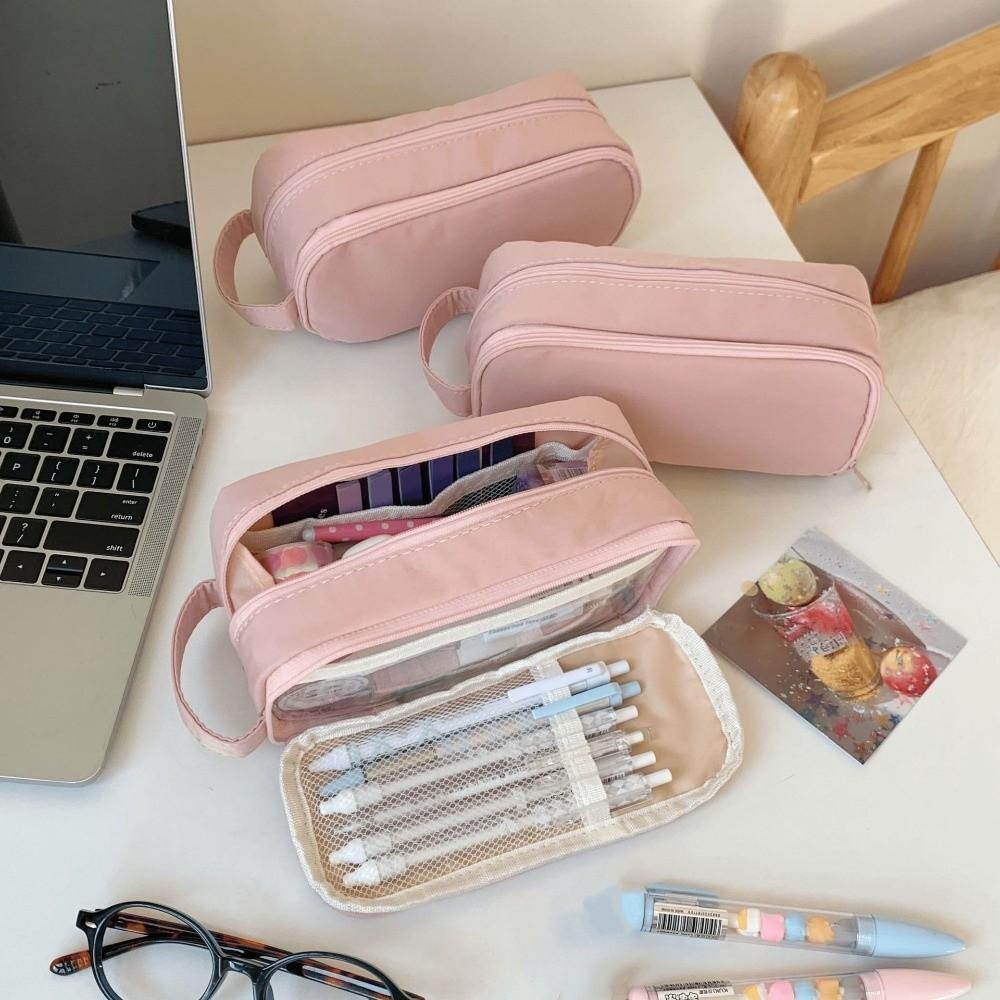Desktop Storage Korean Pink Stationery Bag Large Capacity Solid Color Pencil Pouch  School