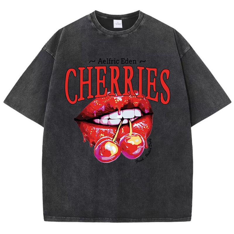 Casual Womens Acid Wash T-Shirts Cherries On The Lips Printing Tees Distressed Oversize Short Sleeve Trend Female Clothes