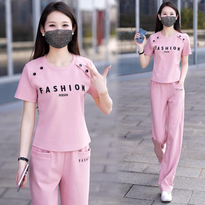 Youthful Summer 2025 Loose Round Neck Short Sleeve Top & Straight Leg Pants Set - Fashionable Sportswear for Versatile, Age-Reducing Style