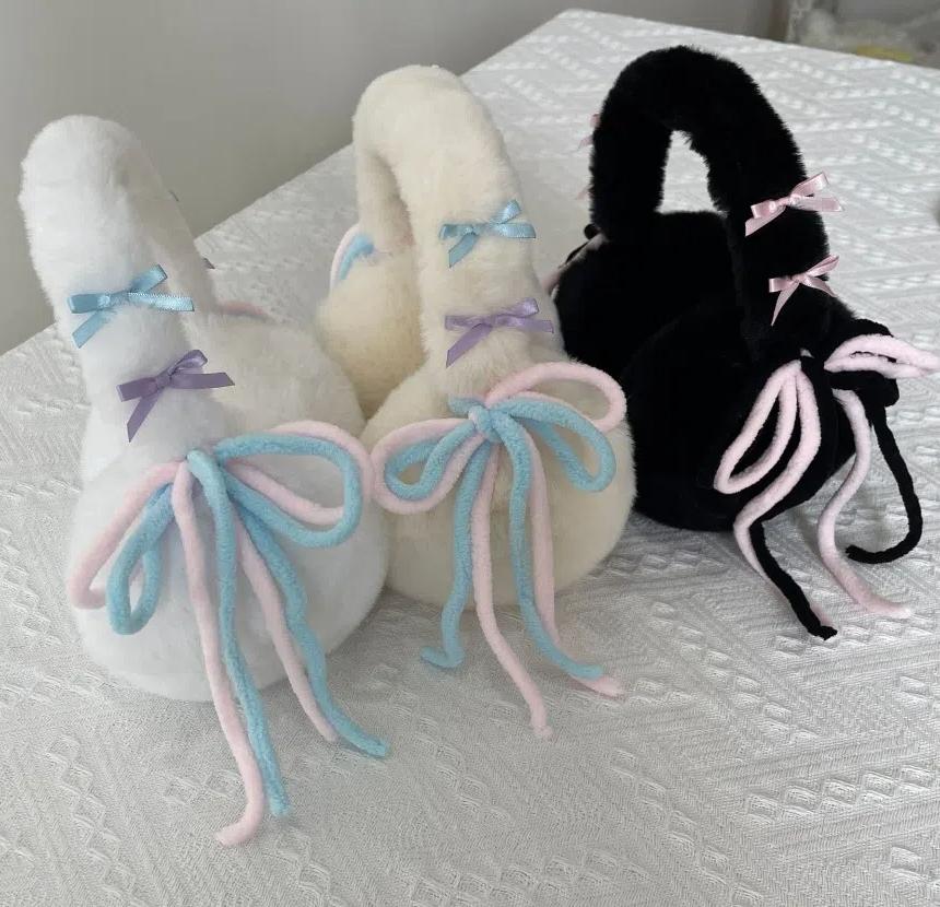 

Faux Rabbit Fur Bowknot Earmuffs Y2k Plush Ear Cover Cute Winter Ear Warmer Boys белый