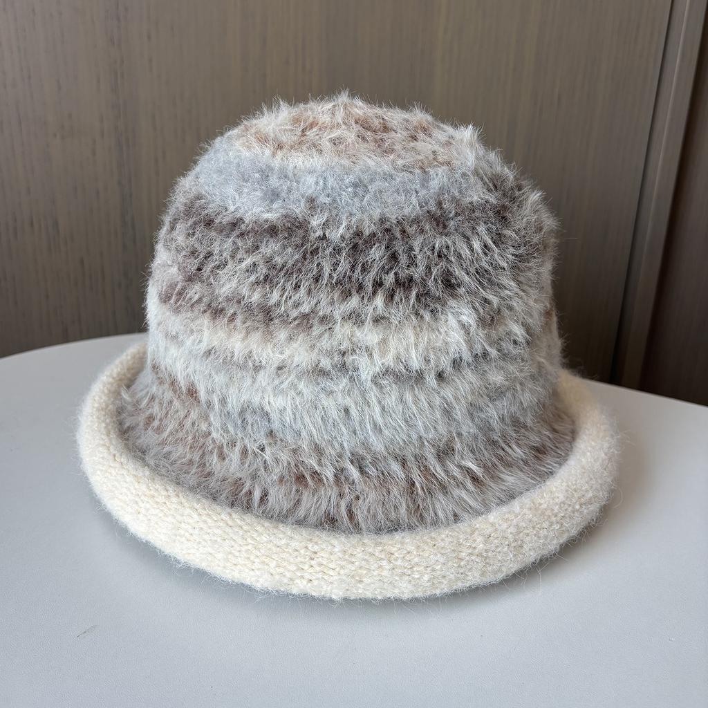 Famous Style Mixed Color Knitted Fluffy Hat Thickened Crimped Bucket Hat Women'S Warm Ear Protection Washbasin Hat