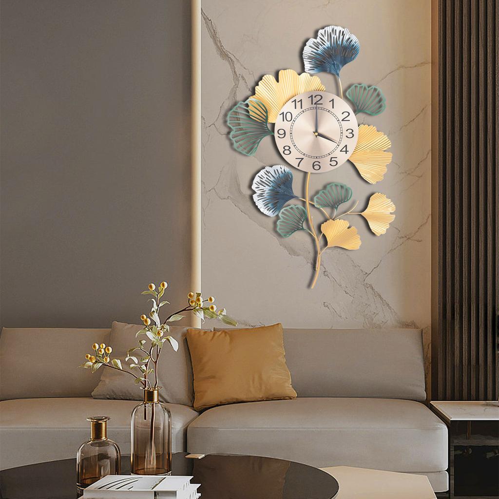 Ginkgo Leaf Wall Clock, Modern Metallic Finish, Large Battery Operated Silent Non-Ticking, 16x30 Inches, Farmhouse Kitchen Decor