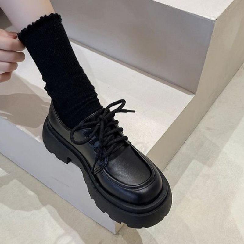 Thick-soled small leather shoes women's spring and autumn new versatile lace-up black single shoes glossy
