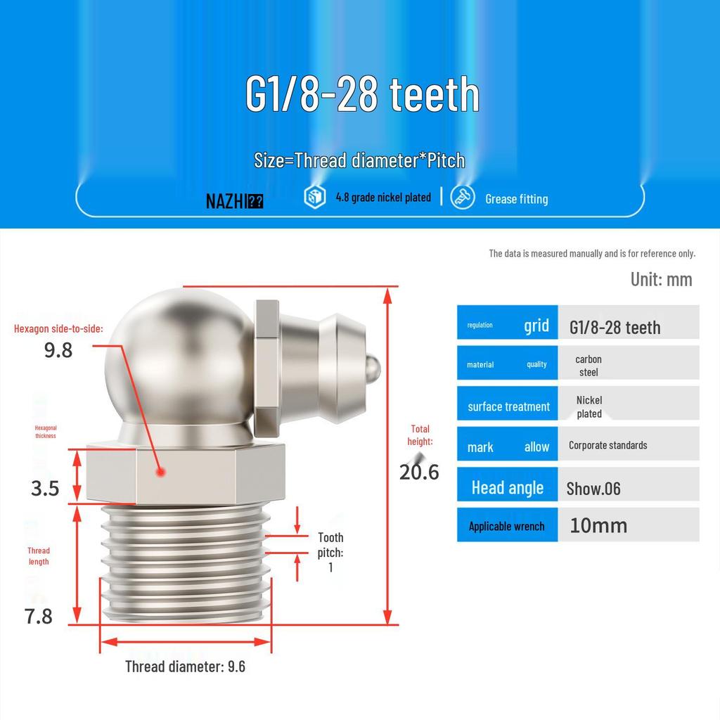Nickel-Plated Iron Bent Grease Nipple Grease Gun Head M6-M14 G1/8
