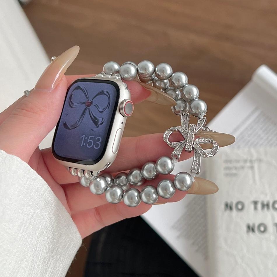Strap For Apple Watch Band S11 S10/9/8/7/6/SE/Ultra 3 2 IWatch 49/46/45/44/42/41/40/38mm Luxury Bowknot Pearl Elastic Bracelet