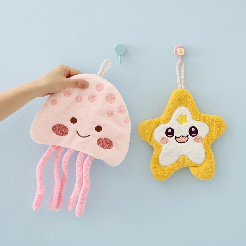Cartoon Marine Organism Hand Towel Quick Drying Kitchen Towel Cleaning Rag Coral Velvet Absorbent Hanging Towel Bathroom