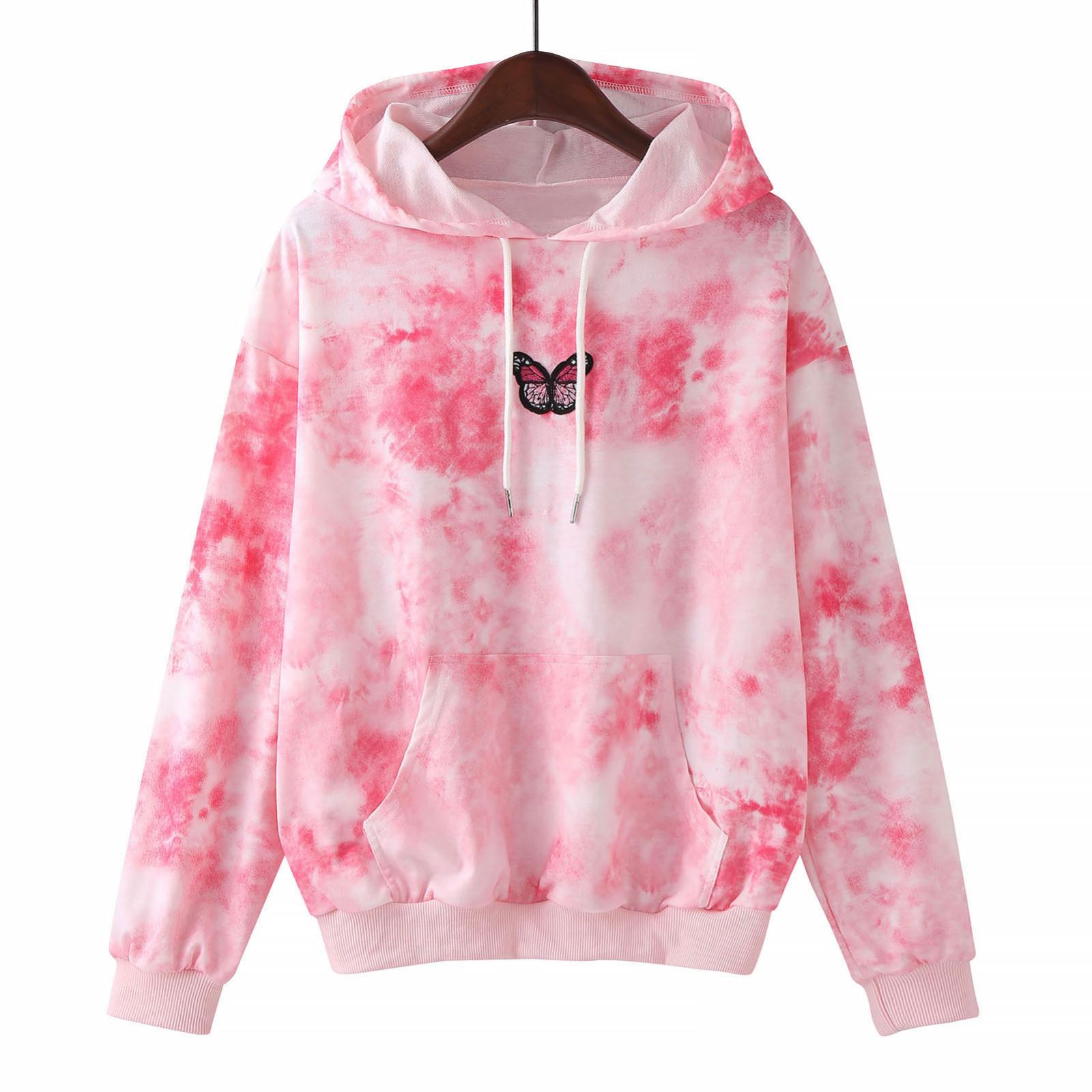 

Women s Casual Tie- Butterfly Printing Long Sleeve Blouse Hooded Sweater XS розовый