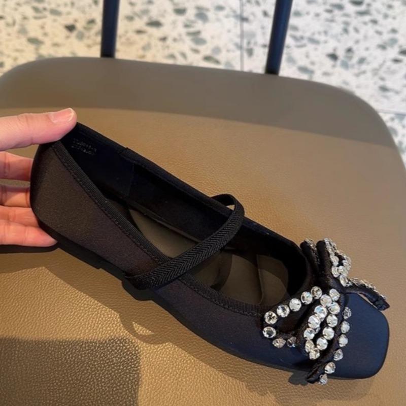 Fashion Square Head Shallow Mouth Diamond Butterfly Knot Flat Shoes Spring New Soft Sole Anti-slip Wear-resistant Single Shoes