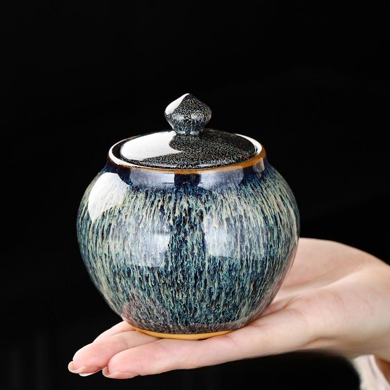 Painted Texture Tea Canister Sealed Ceramic Tea Caddy Storage Jar with Lid Coffee Table Desk Decoration General Jar Candy Can