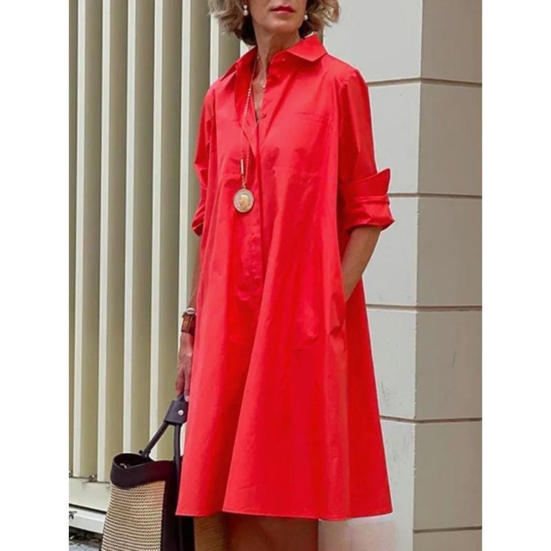 Vestido camisero suelto simple con solapa de manga larga de color sólido para mujer