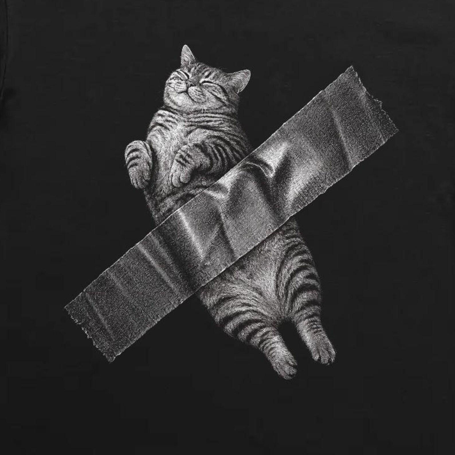 Duct Tape Cat Shirt Funny Gallery Meme Absurd Wall Art Parody Graphic Tee Gift 2XL