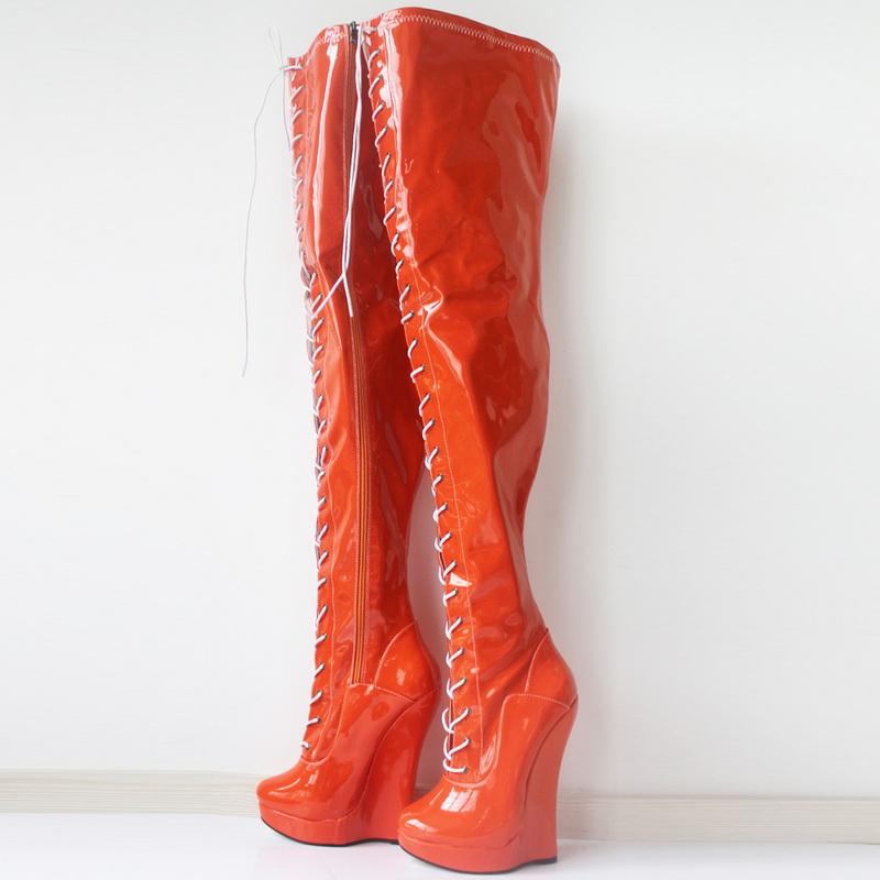 FHC Extreme High 7"/18CM Wedges Heels Crotch Boots,Patent Leather Thigh High Botas,Lace-up Sexy Platform Zip Ballet Shoes,Black
