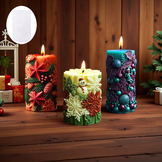 3Pcs Christmas Candle Silicone Mold for Epoxy Resin Plaster Concrete Reusable Xmas Theme Cylinder Mold for DIY Candle Holders Storage Containers