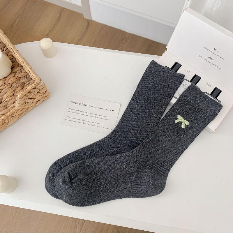 Gray Pile Socks - Spring and Autumn Embroidered Bow Tie Socks - Children's White Double-needle Cotton Socks - Boneless Mid-calf Socks