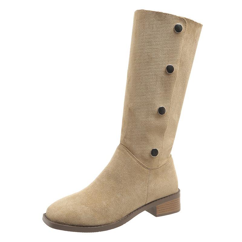 

New Women Calf Boots Spring Autumn Fashion Square Heel Snap Folding Western Cowboy Boots Soft Khaki Faux Suede Thin Riding Boots 42 хакі
