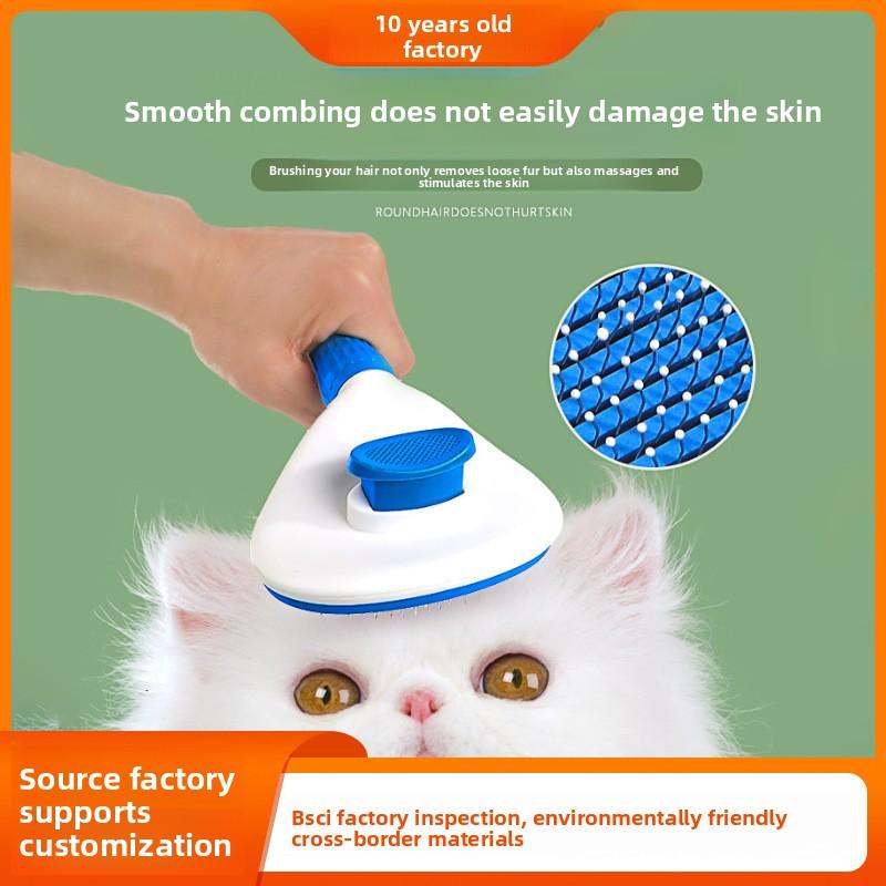 Automatic Hair Release Pet Grooming Brush Blue Two-Tone Ergonomic Handle Anti-Scratch Steel Pin Brush for Long Short Haired Pets
