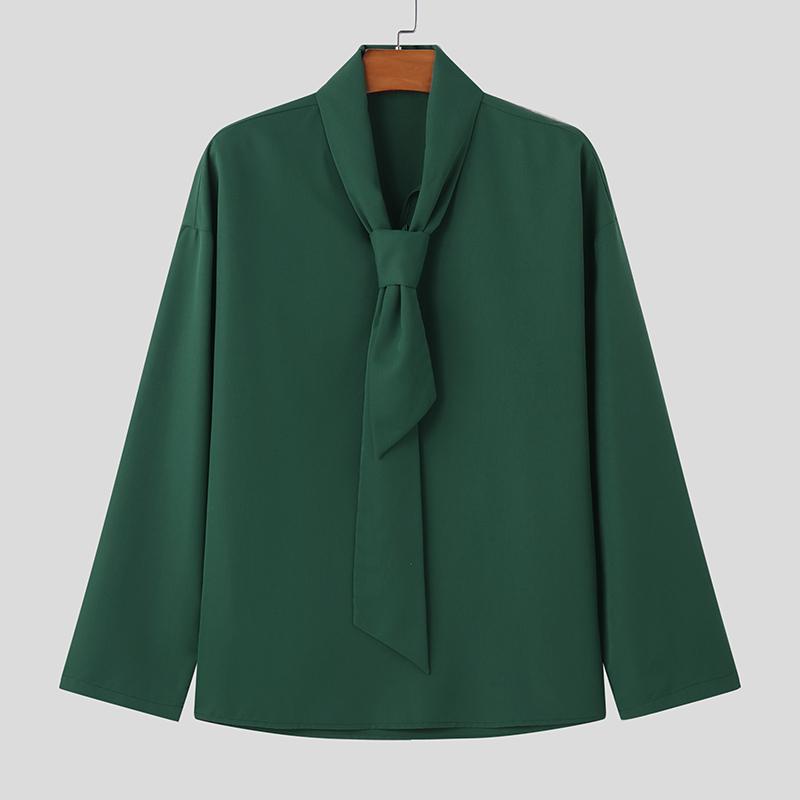 

INCERUN Мужские рубашки оверсайз с завязками на шее, с длинным рукавом, однотонные, повседневные топы 4XL зелёный