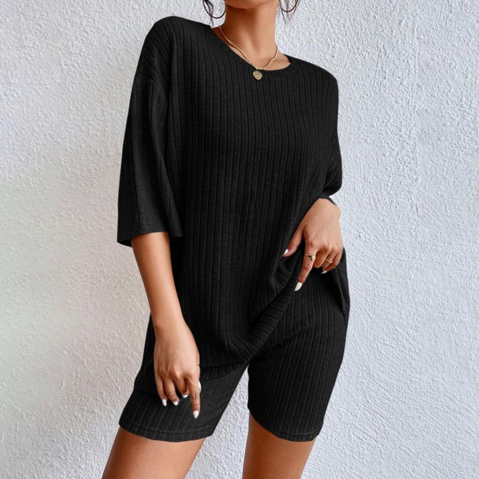 

Женский модный повседневный однотонный свободный круглый вырез с коротким рукавом шорты костюм XL