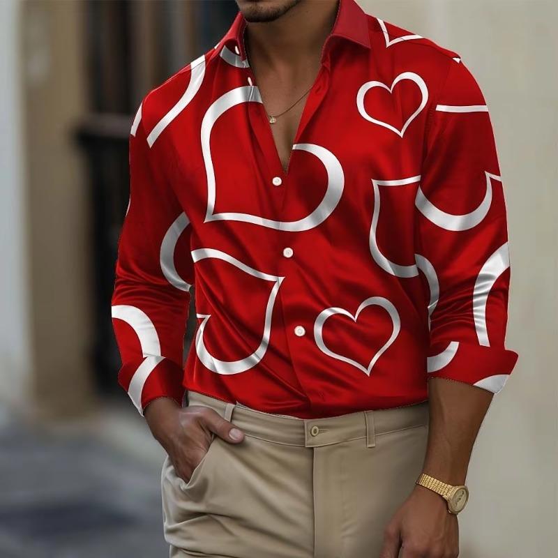 Men's Romantic Gift Heart-shaped Shirt Long Sleeve Fashion Casual Summer Spring Fall Turndown 3D Print Button Up Shirts