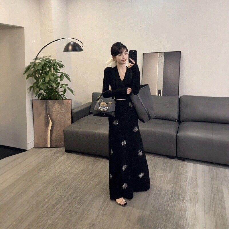 Autumn 2025 Elegant Korean-Style Rhinestone Pleated Slimming Midi Skirt XL чёрный
