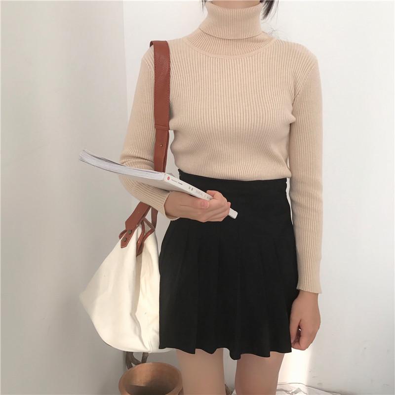 2025 Autumn/Winter Women's High Neck Pullover Sweater, Long Sleeve, Slim Fit, Solid Color Knitwear