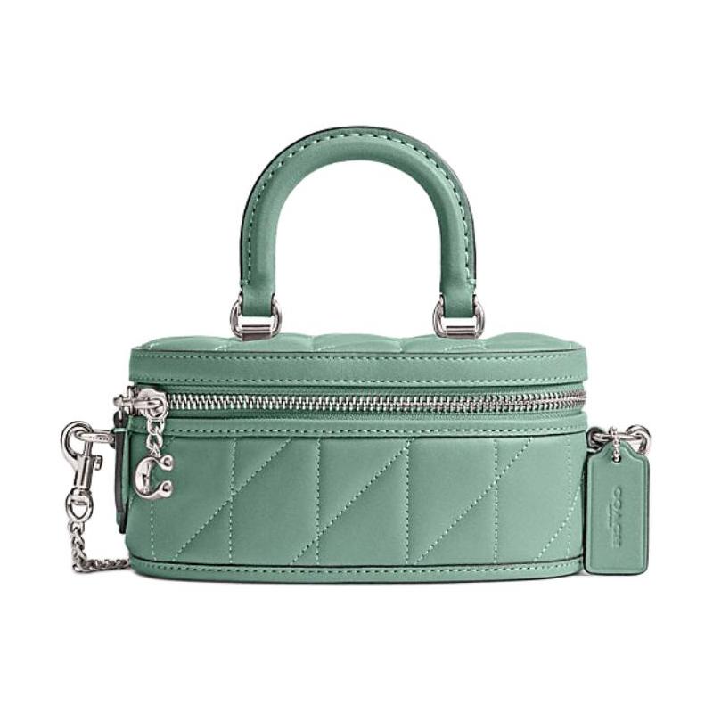 COACH Trail 12 Quilted Zip Closure Shoulder Crossbody Sheepskin and Cow Leather Handbag Mini Women Aquamarine чёрный