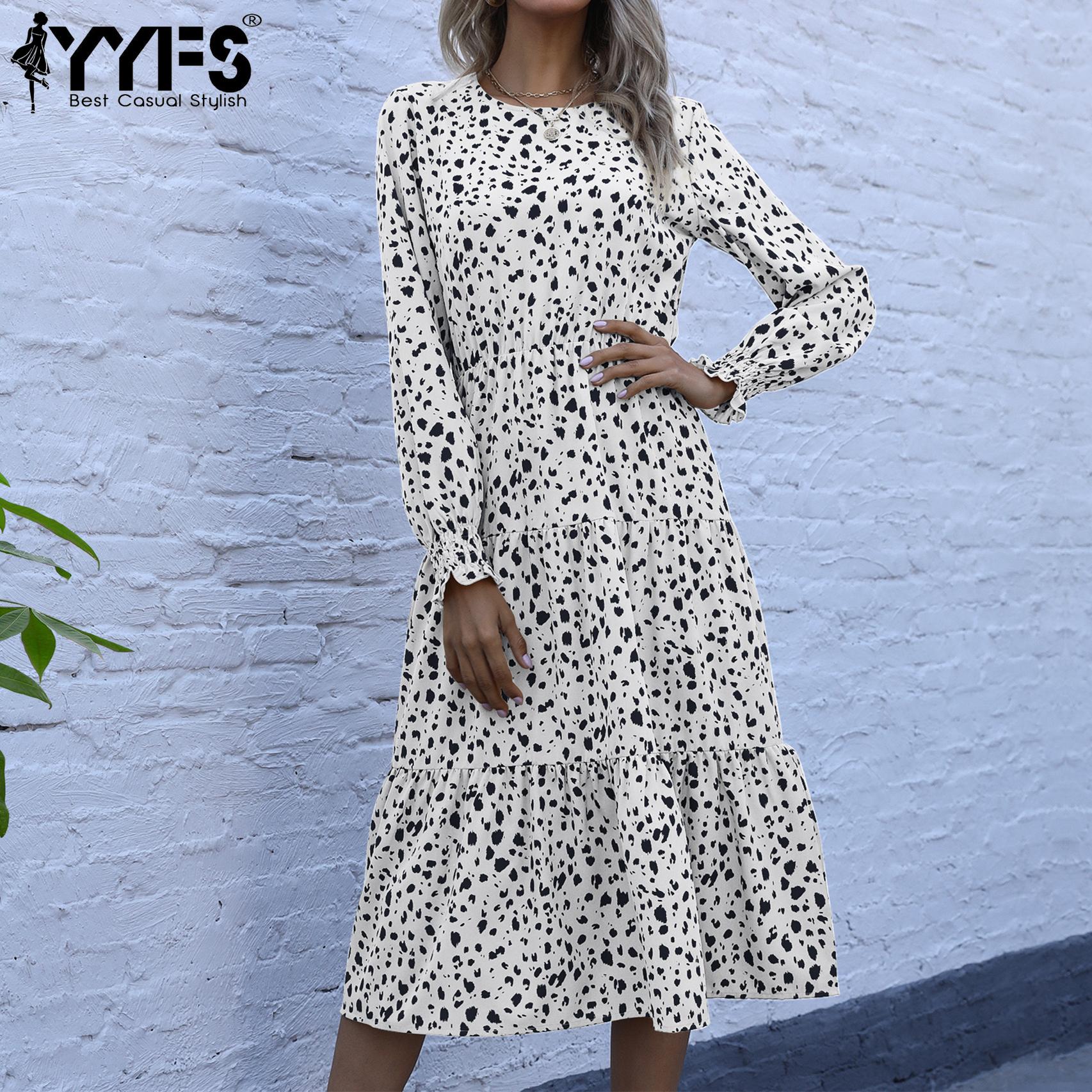 

YYFS Жіночі вінтажні повсякденні сукні з леопардовим принтом, літо, весна, з довгим рукавом і круглим вирізом із високою талією S білий