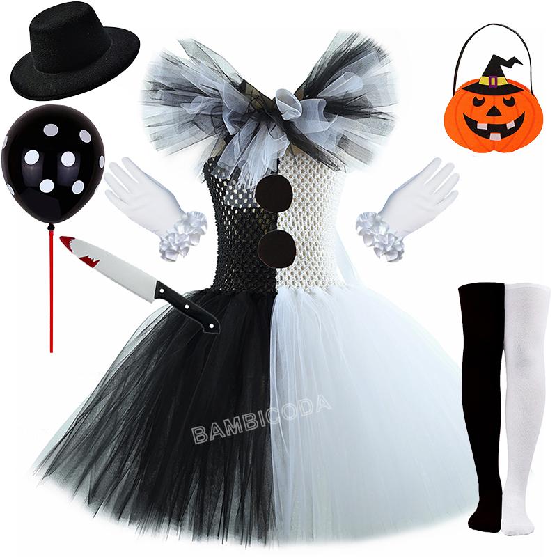 Das Clownskostüm Terrifier Art Girl Schwarz Weiß Ausgefallenes Tutu-Kleid Horror Joker Kleid für Mädchen Halloween Karnevalsparty Kostüme