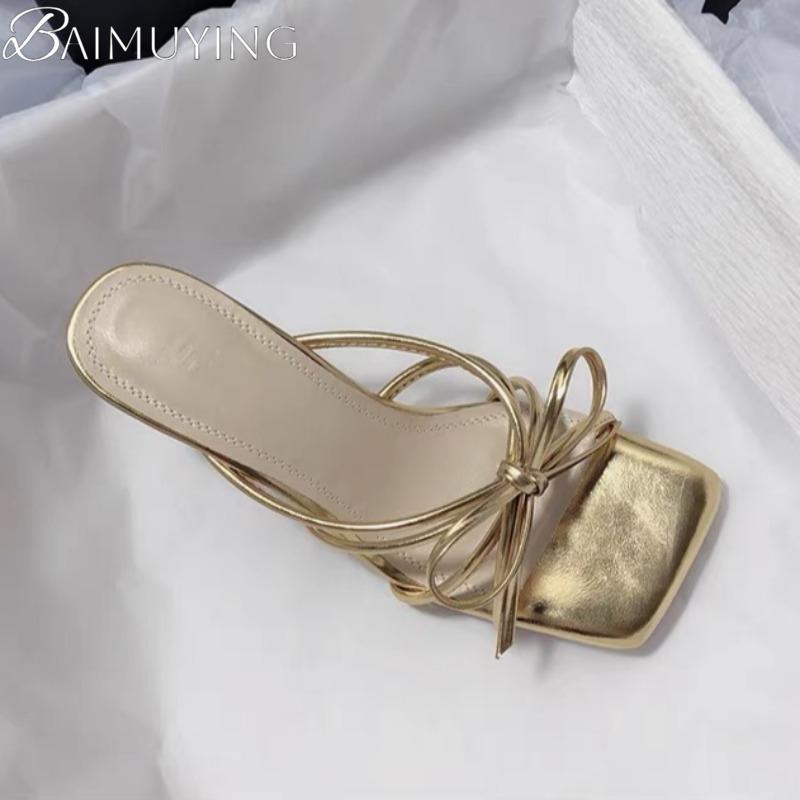 Fashion Bow Slippers Women High Heels Sandals Square Toe Shoes Elegant Summer 2025 Dress Luxury Pumps Trend Open Toe Shoes Casual Slides