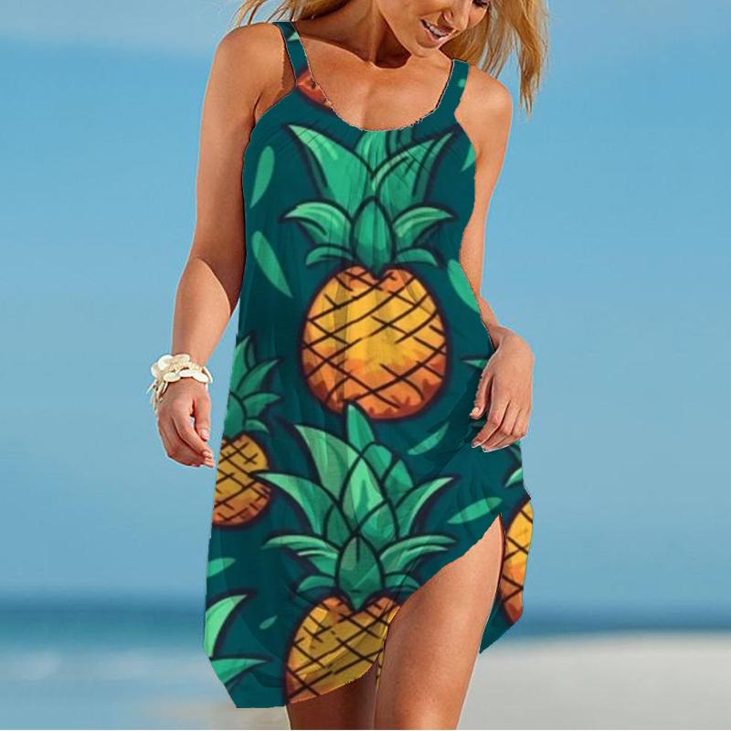 Rochie cu bretele nouă de vară pentru doamne cu imprimeu 3D ananas Rochie camisolă pentru doamne Rochie cu bretele casual la modă pentru doamne
