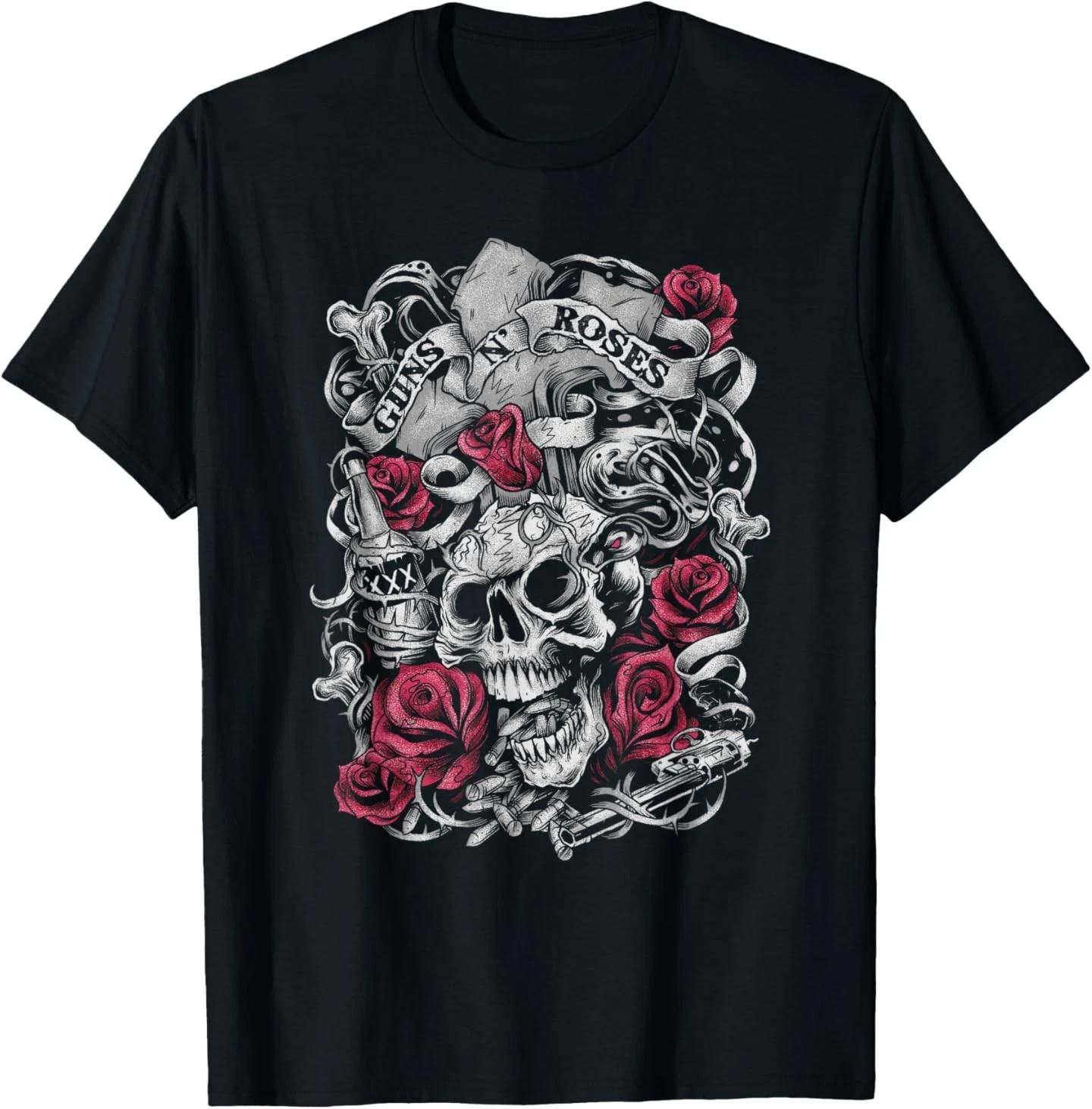 Guns N  Roses Official Flourish Skull Pink Roses 100% Cotton T-shirt Mens Tees Top 2XL
