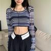 2KWEIRD Y2k Aesthetic Women Basic T Shirts Female Hin Knitted Long Sleeve Striped Shirt See Hrough -shirt Lady Streetwear Top