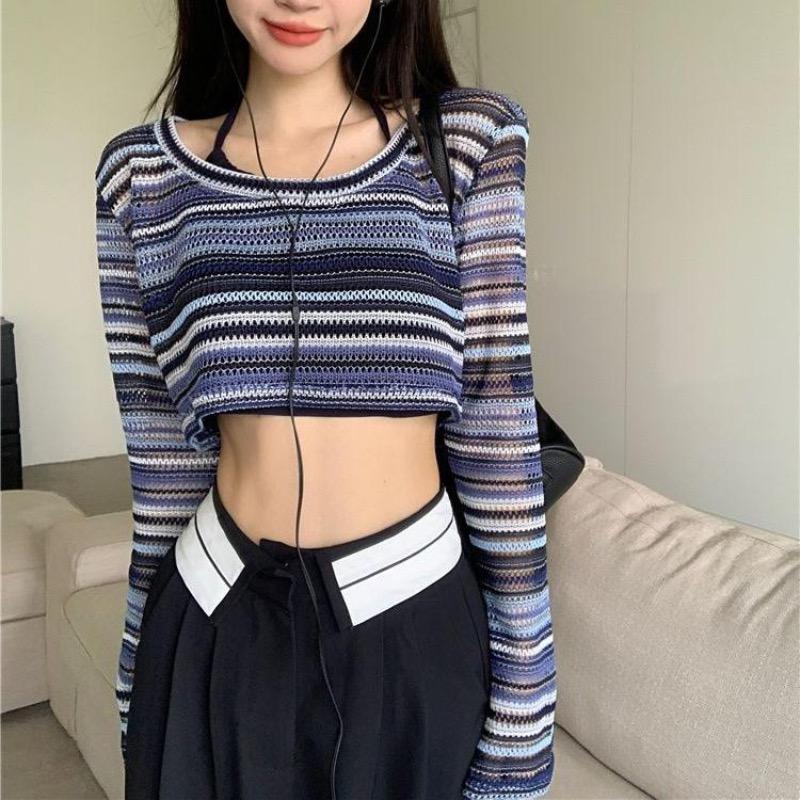 2KWEIRD Y2k Aesthetic Women Basic T Shirts Female Hin Knitted Long Sleeve Striped Shirt See Hrough -shirt Lady Streetwear Top