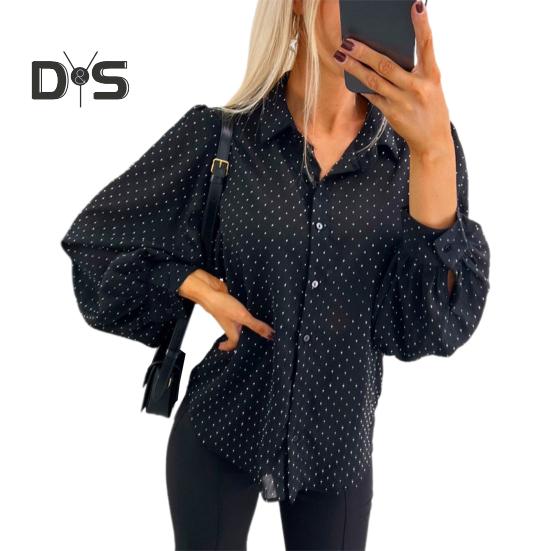 

Женская рубашка с лацканами и длинным рукавом, однобортная рубашка, повседневная, для поездок на работу, свободная рубашка, повседневная одежда S чёрный