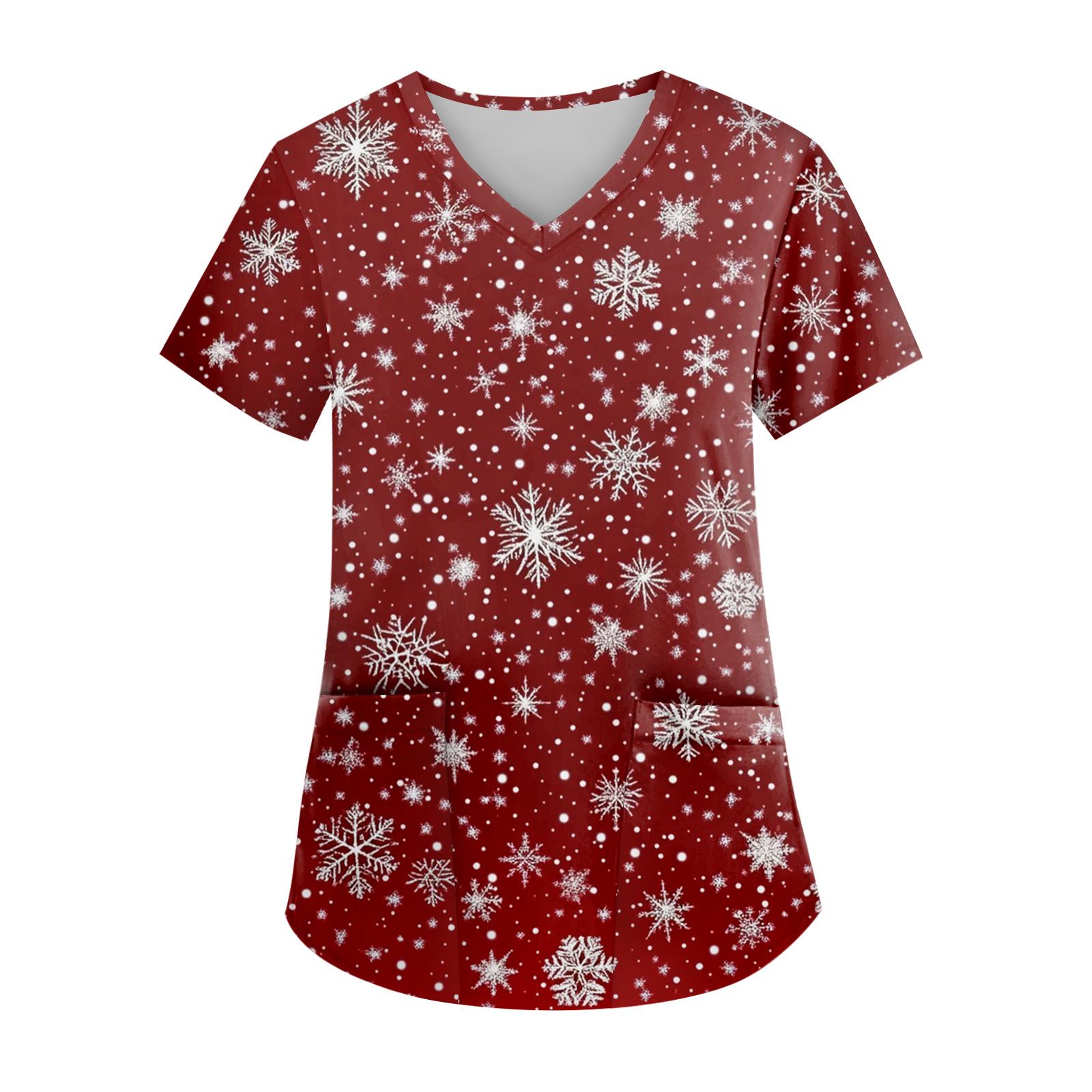 

Women s V-neck Christmas Print Short-sleeved Pocket Side Slit Uniform Top L