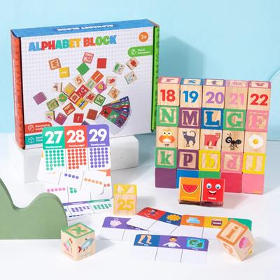 Set di 30 pezzi di blocchi di costruzione in legno con numeri e lettere dei cartoni animati per bambini, giocattolo educativo per l'apprendimento precoce Montessori per bambini e bambine