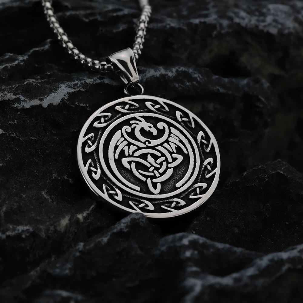 Men's Retro Stainless Steel Celtic Knot Flying Dragon Double-Sided Pendant Necklace