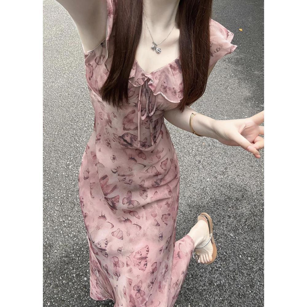 Butterfly Print Lotus Leaf Edge Dress, Children's Waist Temperament Vacation Style Long Dress, Summer Leisure New