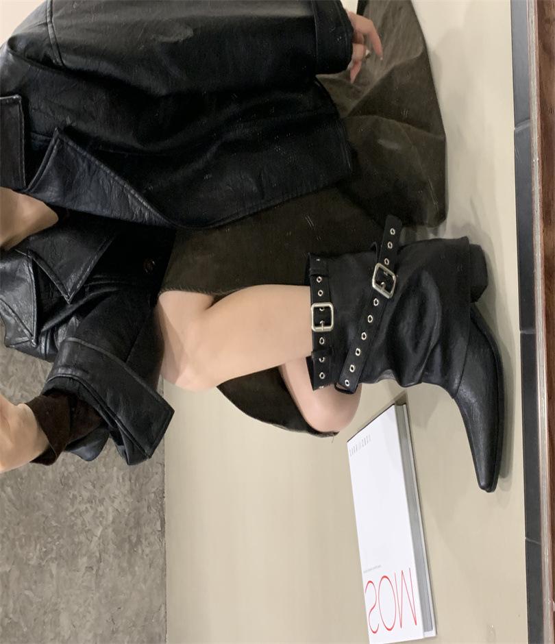 2025 New Retro Pointed Thin Boots Belt Buckle Thin But Knee Pile Boots Women's Versatile Thick Heel Mid Boots