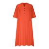 Women's Mid-Length V-Neck Cotton Linen Dress with Short Sleeves and Three-Button Pocket