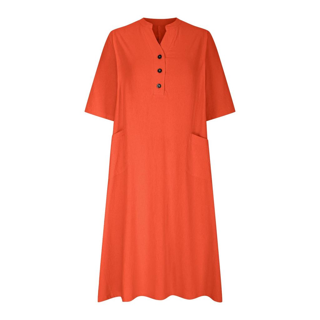 Women's Mid-Length V-Neck Cotton Linen Dress with Short Sleeves and Three-Button Pocket