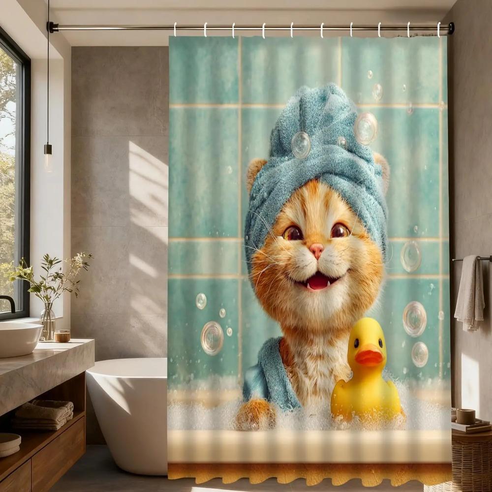Cat Bath Time Printed Shower Curtain Whimsical Animal Artwork For Pet Lover Bathroom Decor