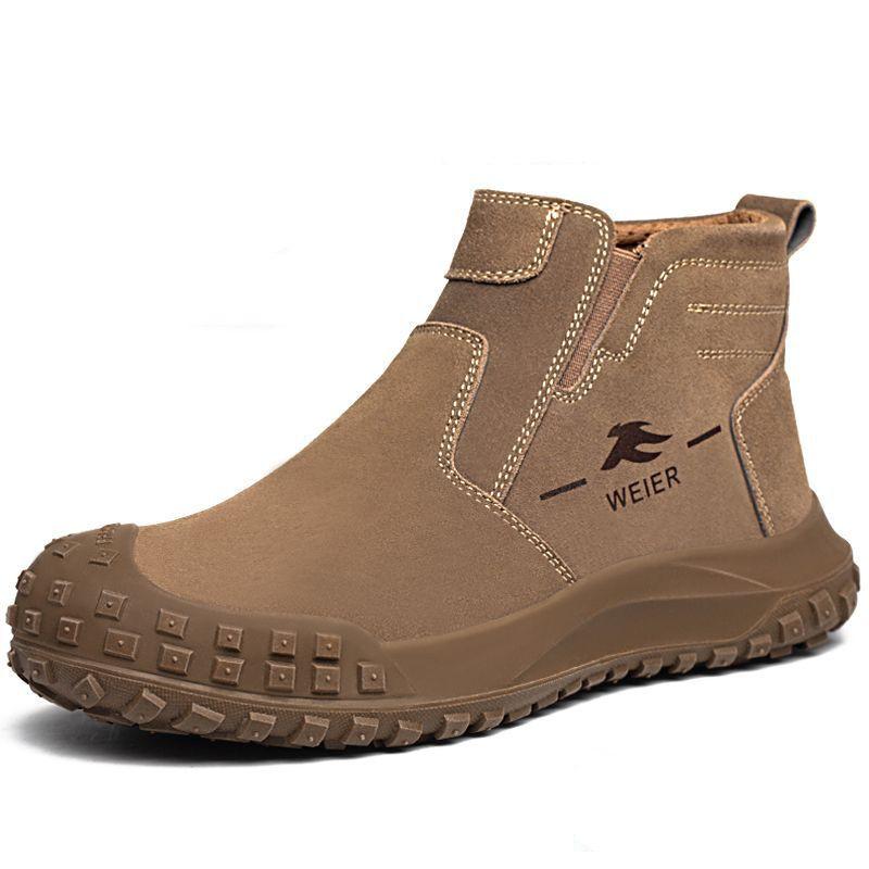 Mens Fashion Steel Toe Covers Work Safety Boots Slip-on Cow Suede Leather Welding Shoes Worker Chelsea Security Botas Protection