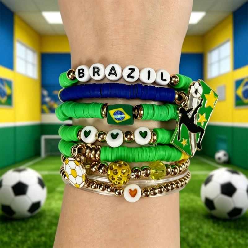 2026 Football Bracelet Set For Soccer Fan With Team Color And Football Charm Elastic Wristband