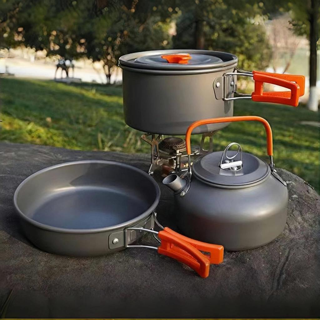 OULOVECO 3-teiliges Camping-Kochgeschirr-Set, Hergestellt aus lebensmittelechtem Hartaluminium, Hitzebeständig, Für offene Flammen geeignet, Faltbar, Leicht, mit Aufbewahrungstasche, Einfach t