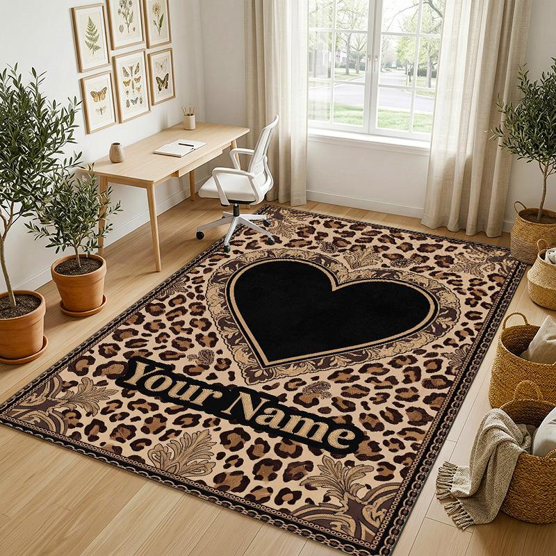 Leopard Floral Theme Soft Crystal Velvet Rug Custom Name & Text Print Non Slip Floor Rug for Bedroom Living Room