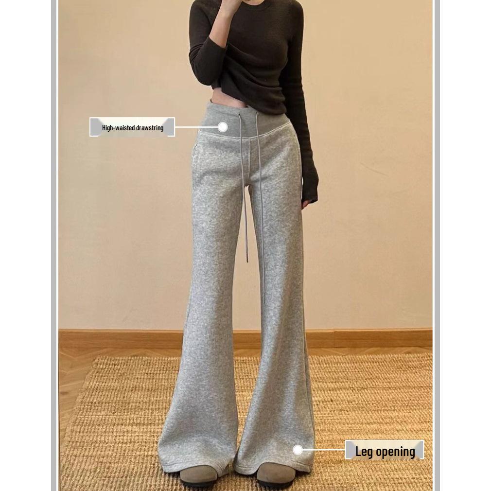 Women's Light Gray Flare Sweatpants with Plus Velvet – Slimming, Casual, Loose Fit for Autumn/Winter 2026