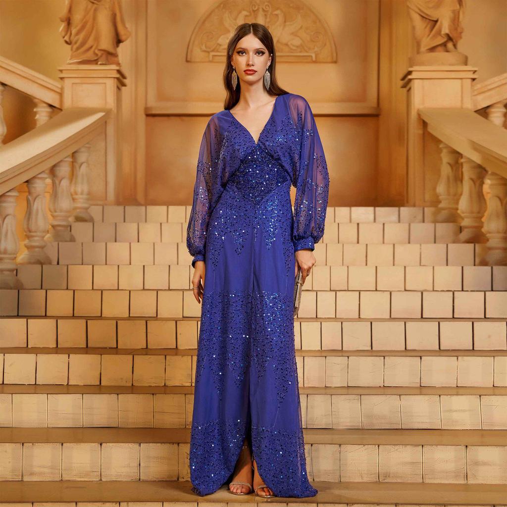 Sizzling European & American Chiffon V-Neck Sequin Evening Gown with Slit & Waist-Cinching Long Sleeves